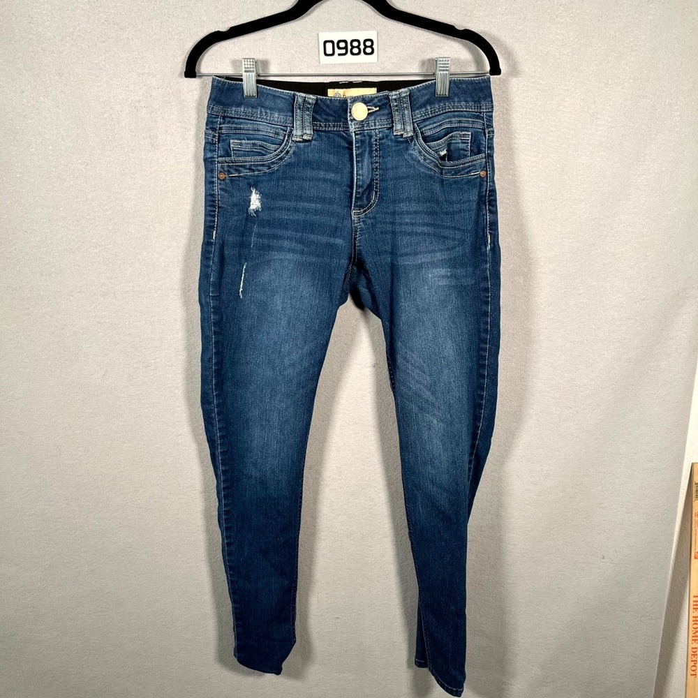 Democracy Jeans Womens 2 Blue Denim Medium Wash Distressed Whiskering Skinny Leg
